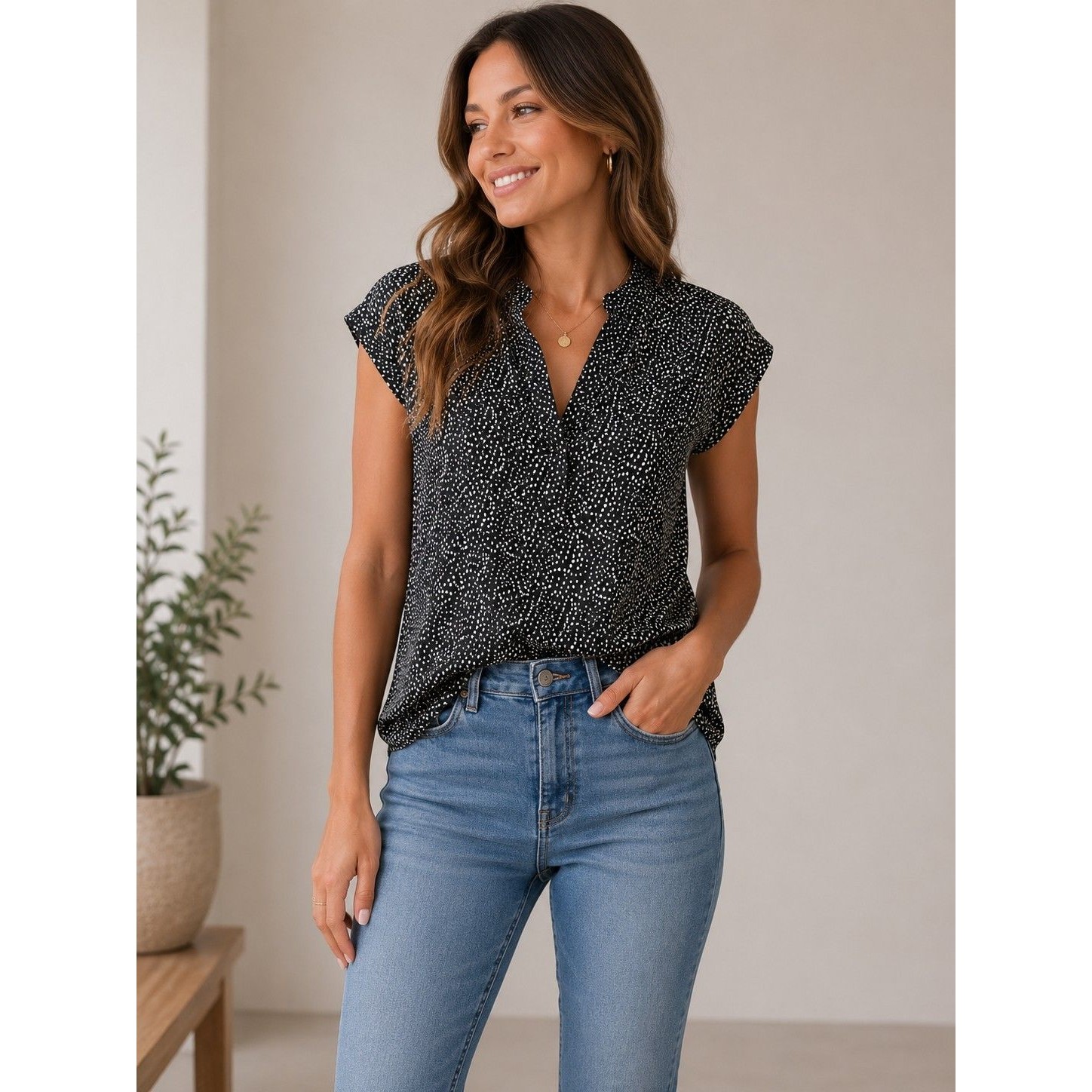 Cynthia Steffe Women’s Black White Speckled Blouse Cap Sleeve V-Neck Top Nwt...